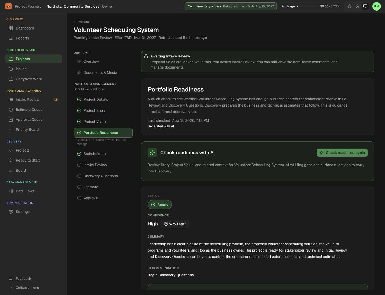 Project Foundry portfolio readiness analysis for a fictional Volunteer Scheduling System project
