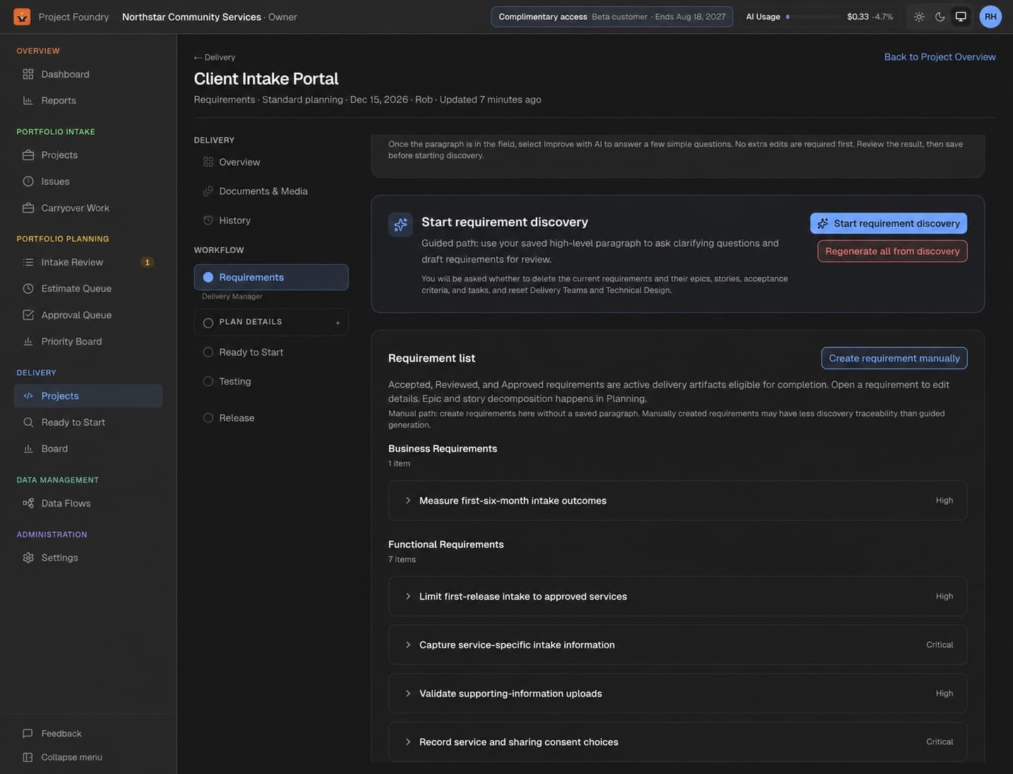 Project Foundry unified requirements view with fictional project questions and reviewed answers