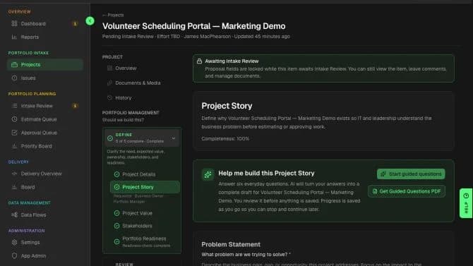Precision Foundry Project Intent for a fictional volunteer scheduling request describing the need and outcome in everyday language