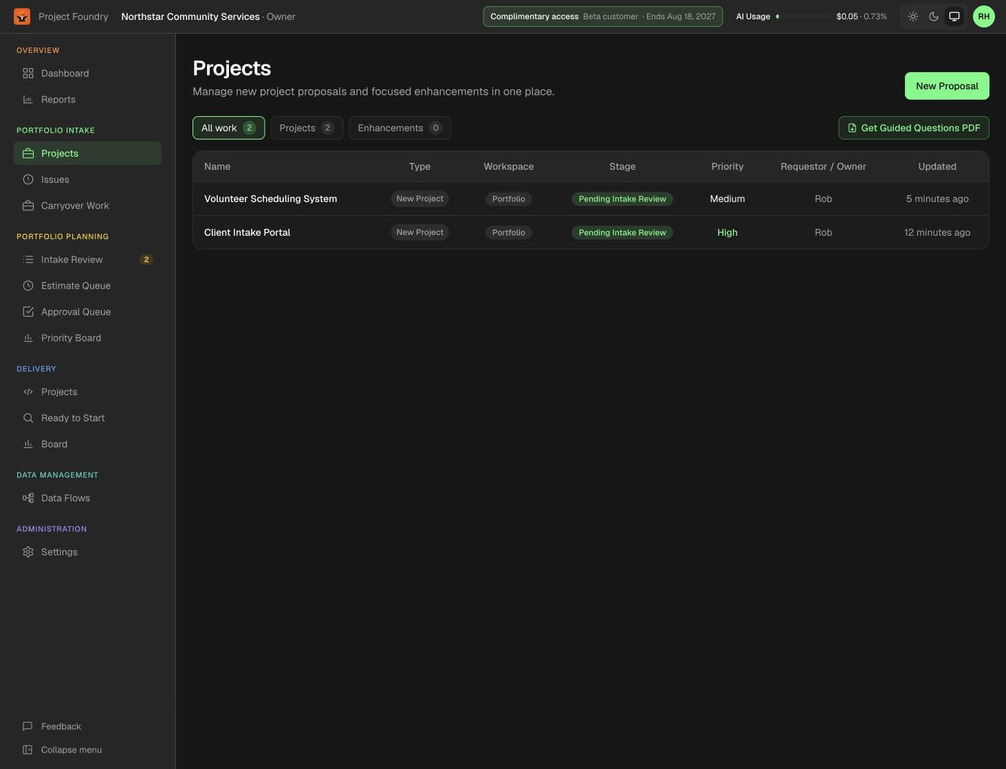 Project Foundry portfolio showing fictional software requests at the start of the software lifecycle